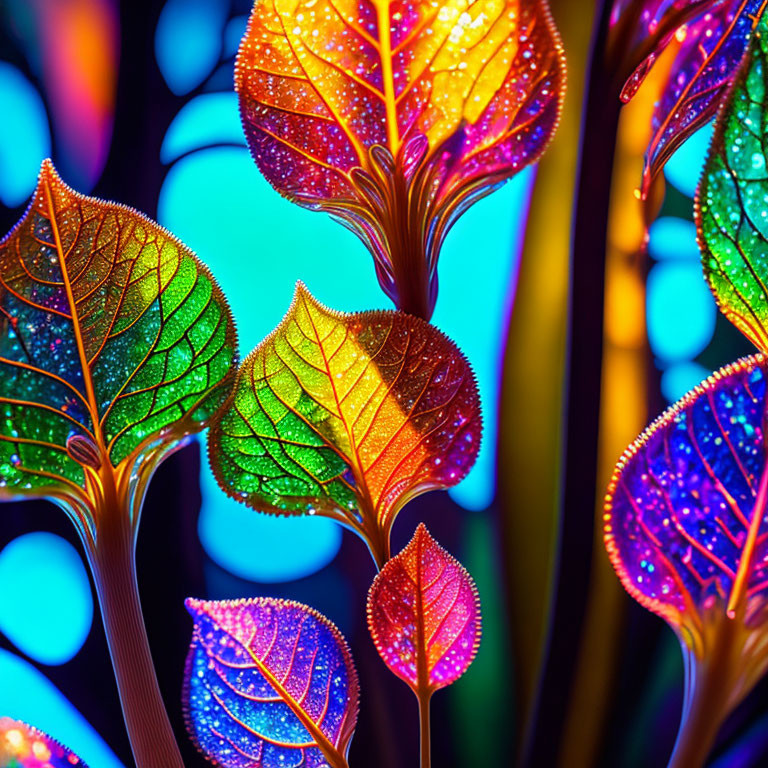 Colorful Glowing Artificial Leaves Against Dark Backdrop