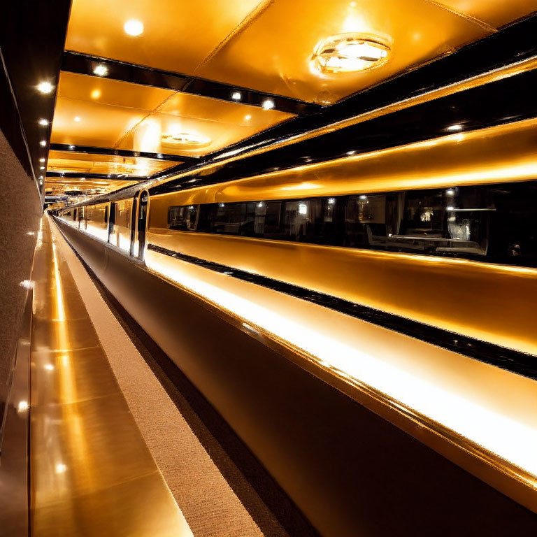 Opulent interior hallway with golden surfaces and warm lighting