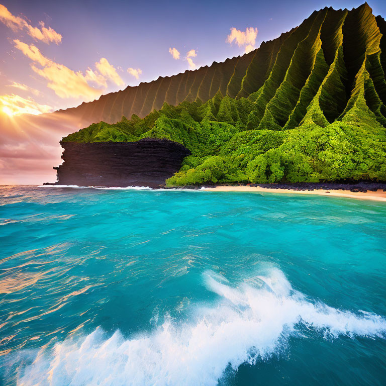 Turquoise Waters, Golden Beach, Green Mountain: Coastal Landscape