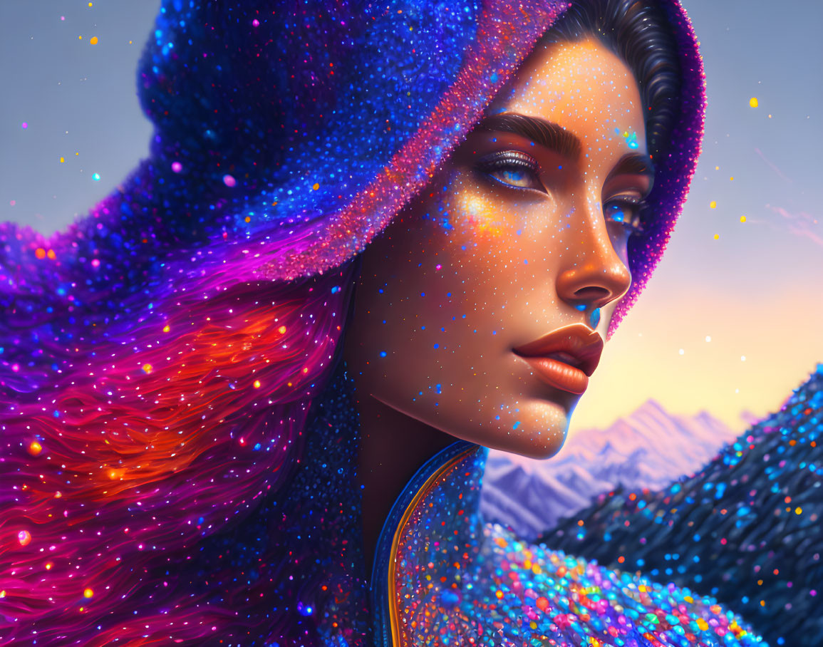 Colorful Woman in Star-like Cloak Against Mountainous Twilight Sky