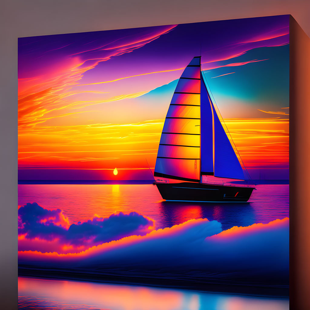 Sailboat canvas art with purple, orange, and blue sunset hues