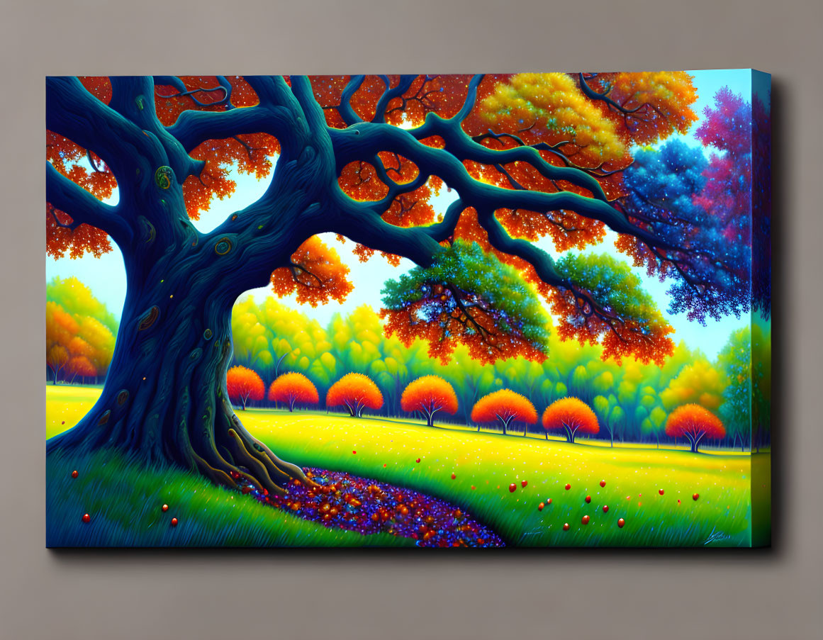 Colorful Autumn Foliage and Whimsical Tree Painting in Serene Meadow