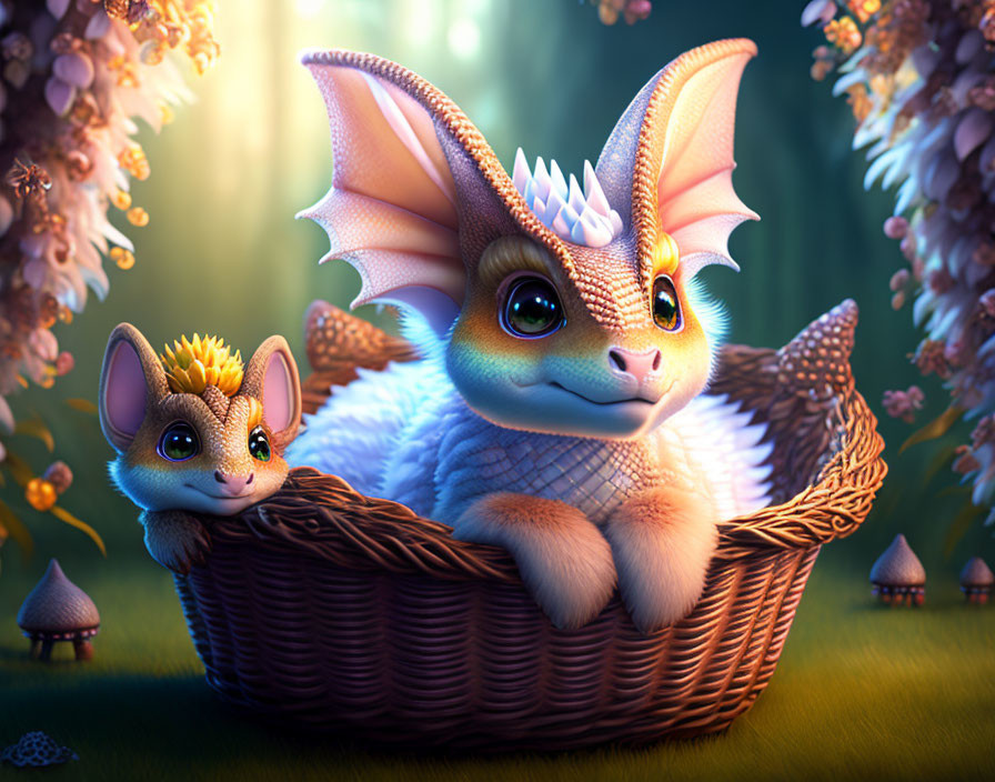 Illustration of Two Cute Dragons in Wicker Basket with Mushrooms