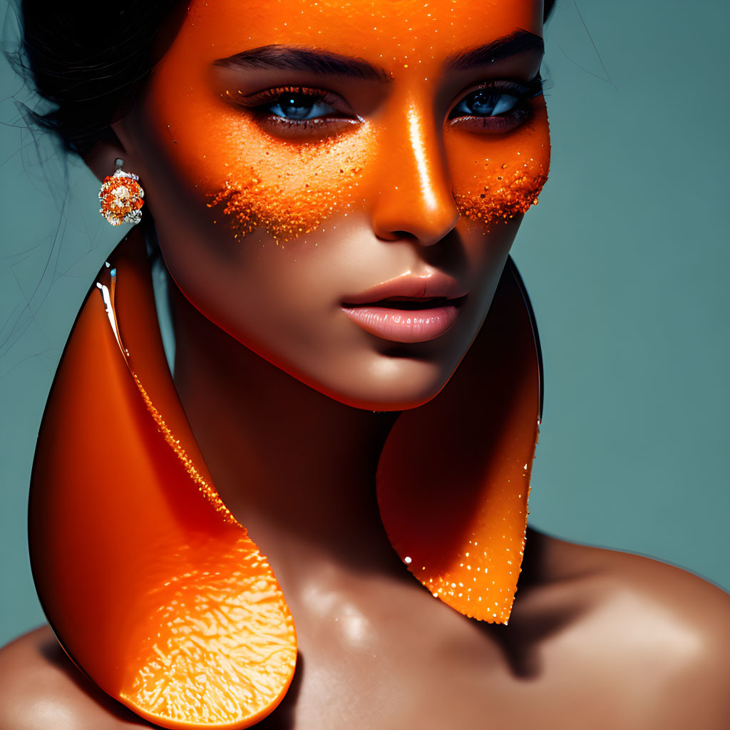 Woman with Orange Glitter Makeup and Earrings