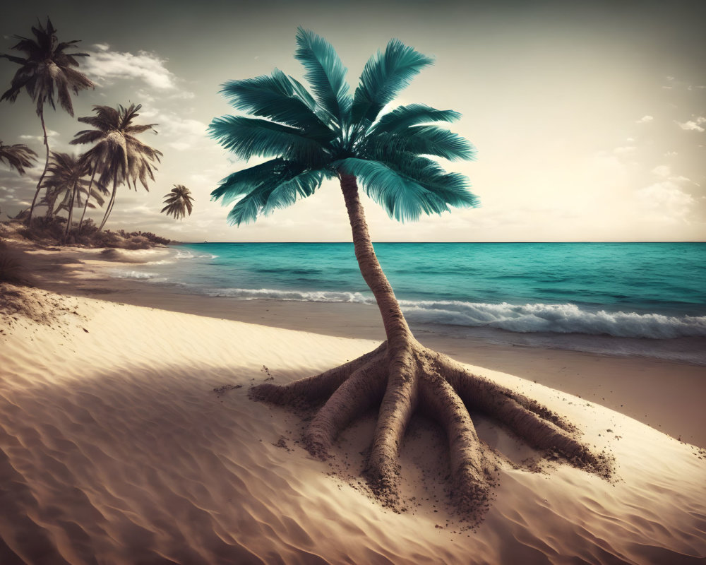 Tranquil tropical beach scene with palm tree, golden sand, and turquoise sea