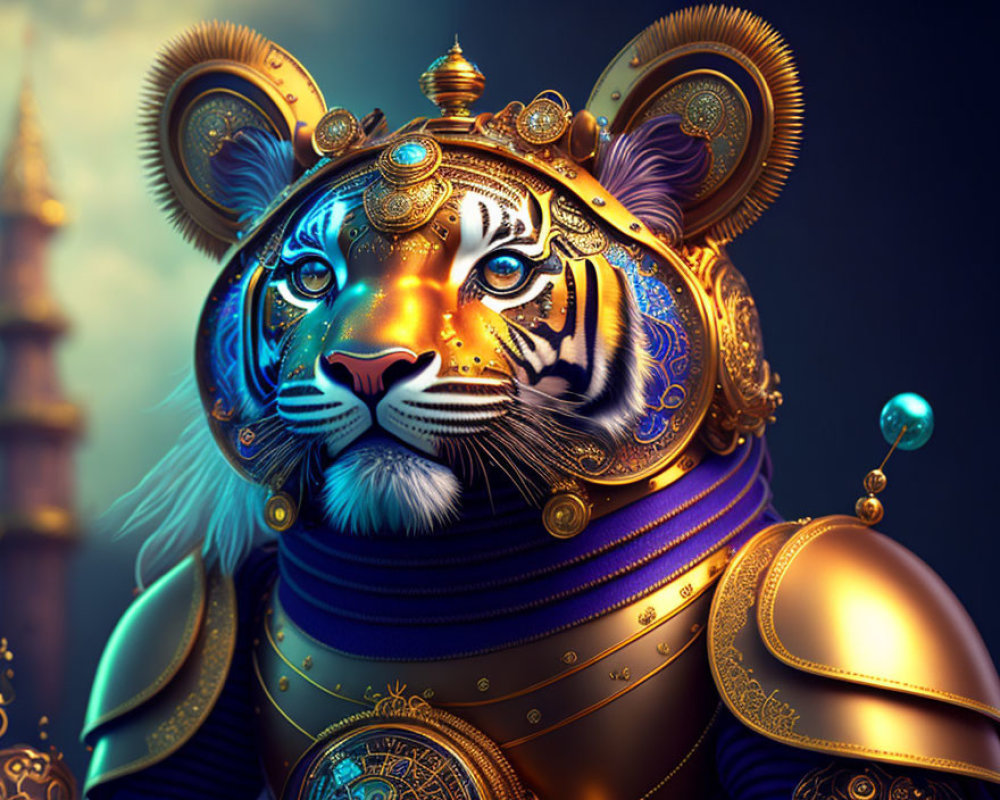 Regal tiger digital illustration with golden armor on mystical blue background