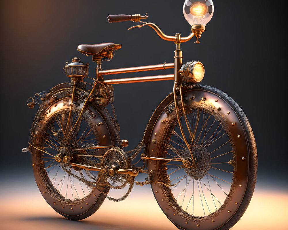 Vintage-style Bicycle with Large Headlamp and Copper-Toned Frame on Soft-Lit Backdrop