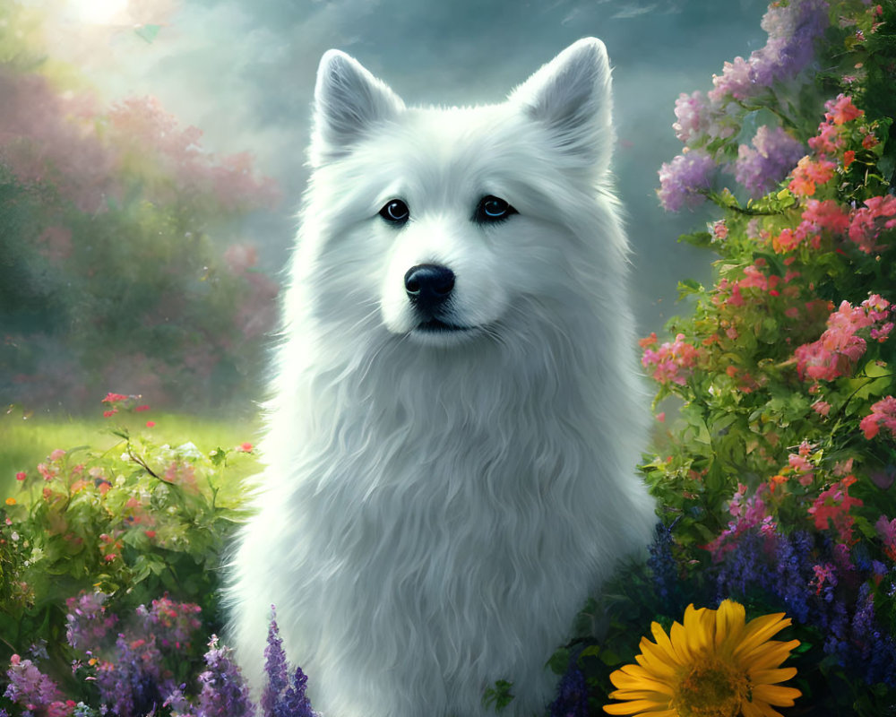 Fluffy White Dog Surrounded by Vibrant Flowers and Softly Lit Sky