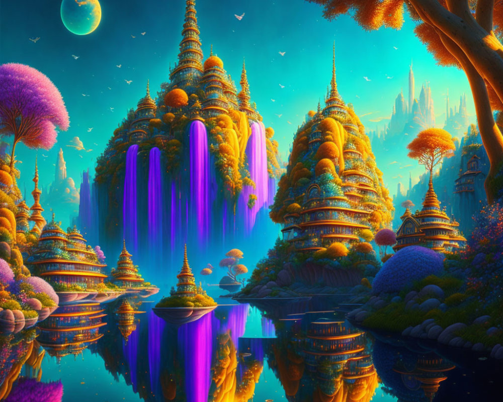 Fantasy landscape with golden towers, purple waterfalls, and serene lake at twilight