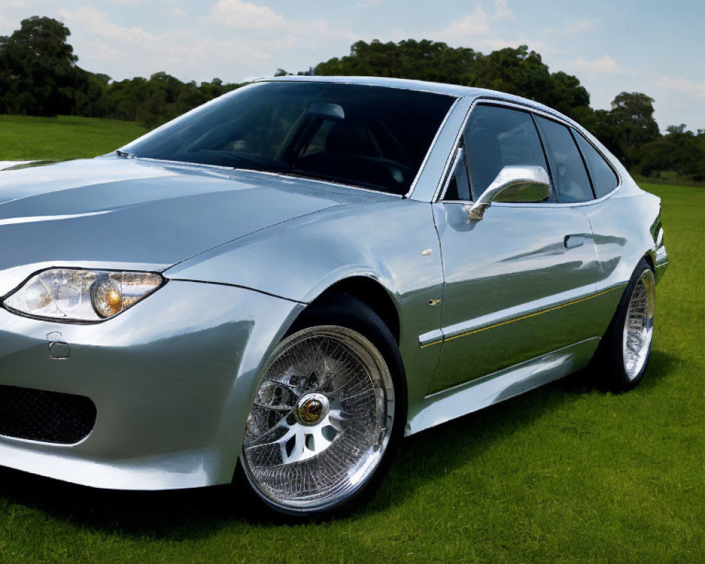 Shiny Silver Sports Car with Distinct Rims on Green Grass