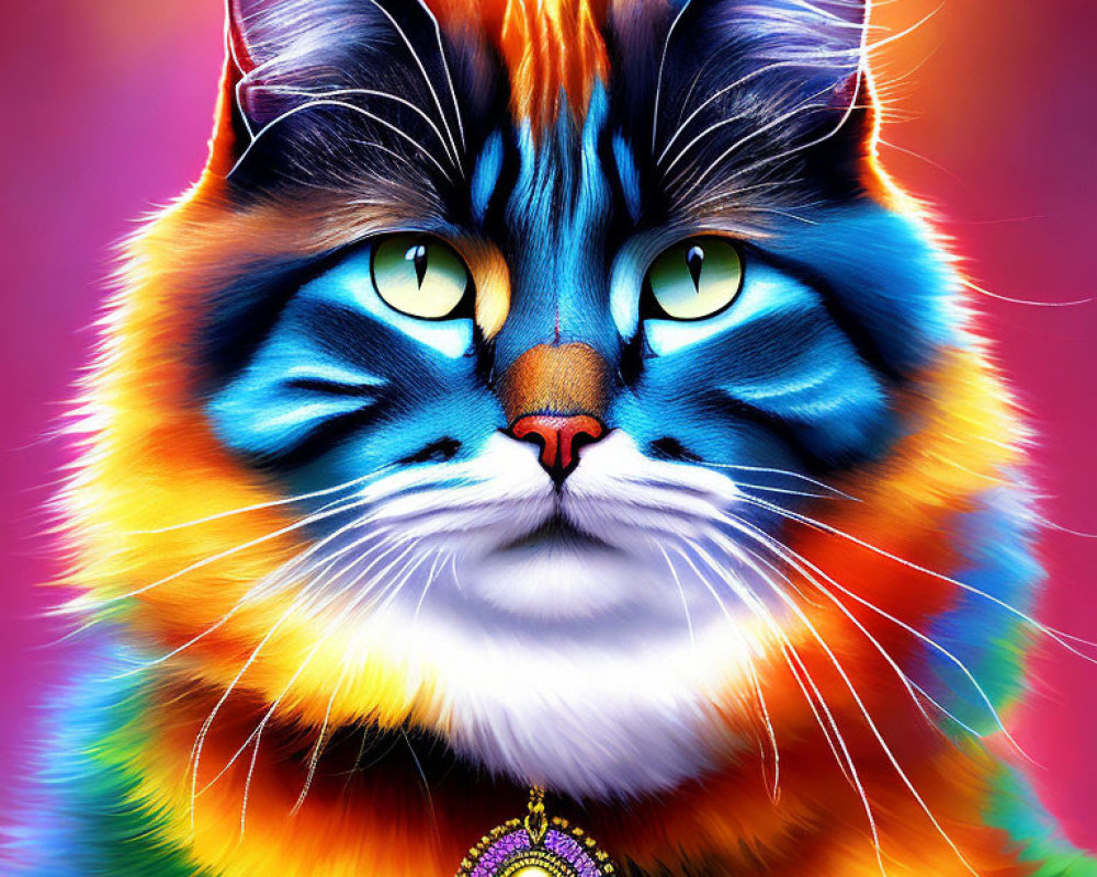 Vibrant digital artwork of majestic cat with green eyes and colorful fur coat