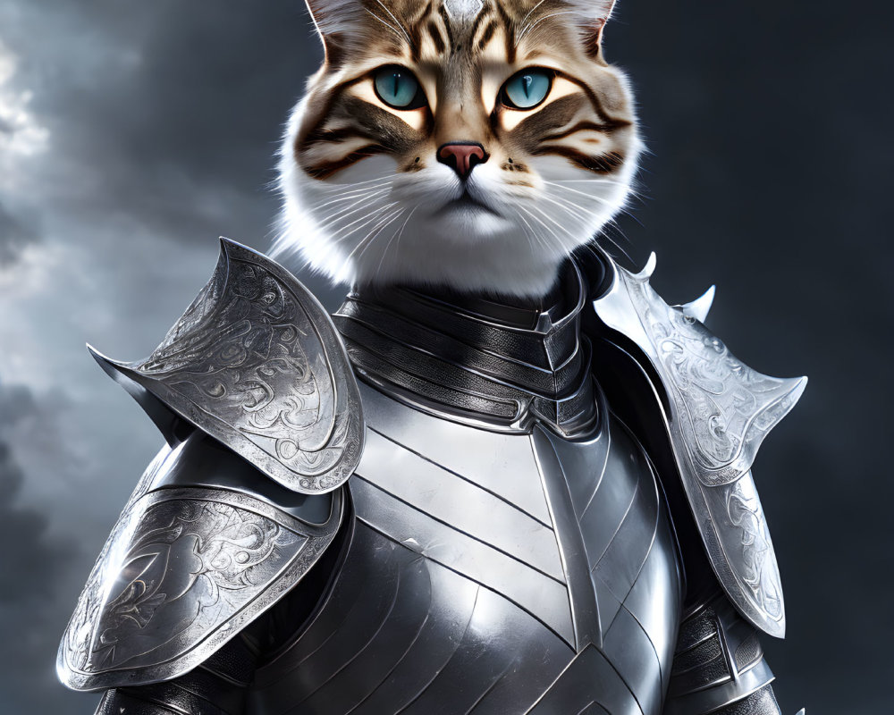 Blue-eyed cat in silver armor against stormy sky: fierce warrior vibe