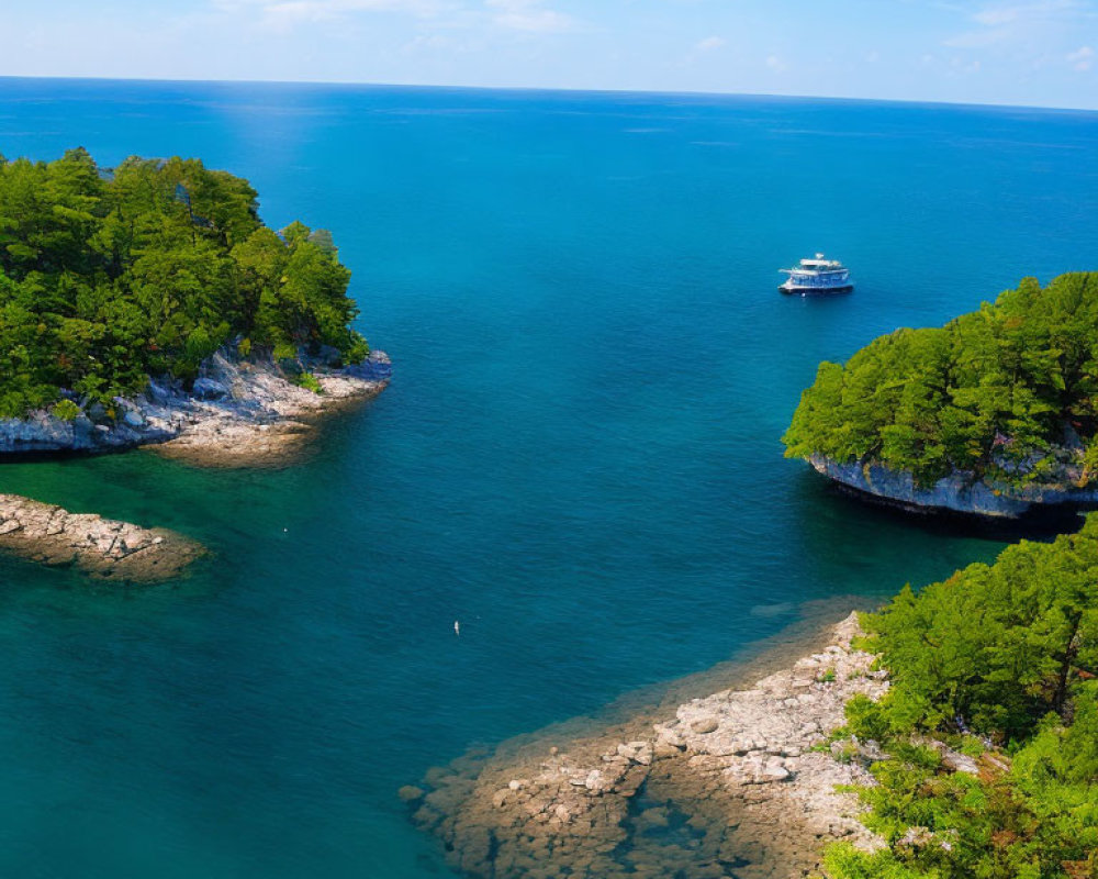 Tranquil Blue Sea with Yacht, Green Headlands, Clear Sky