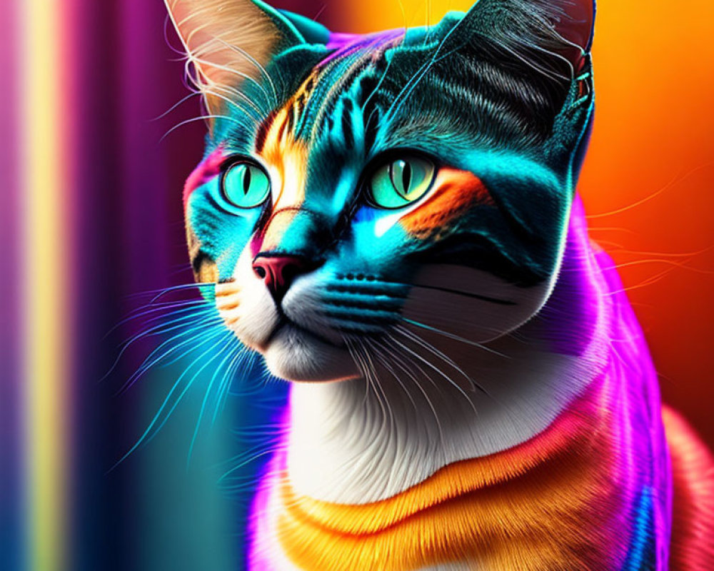 Colorful Cat Portrait with Blue and Green Eyes on Rainbow Background