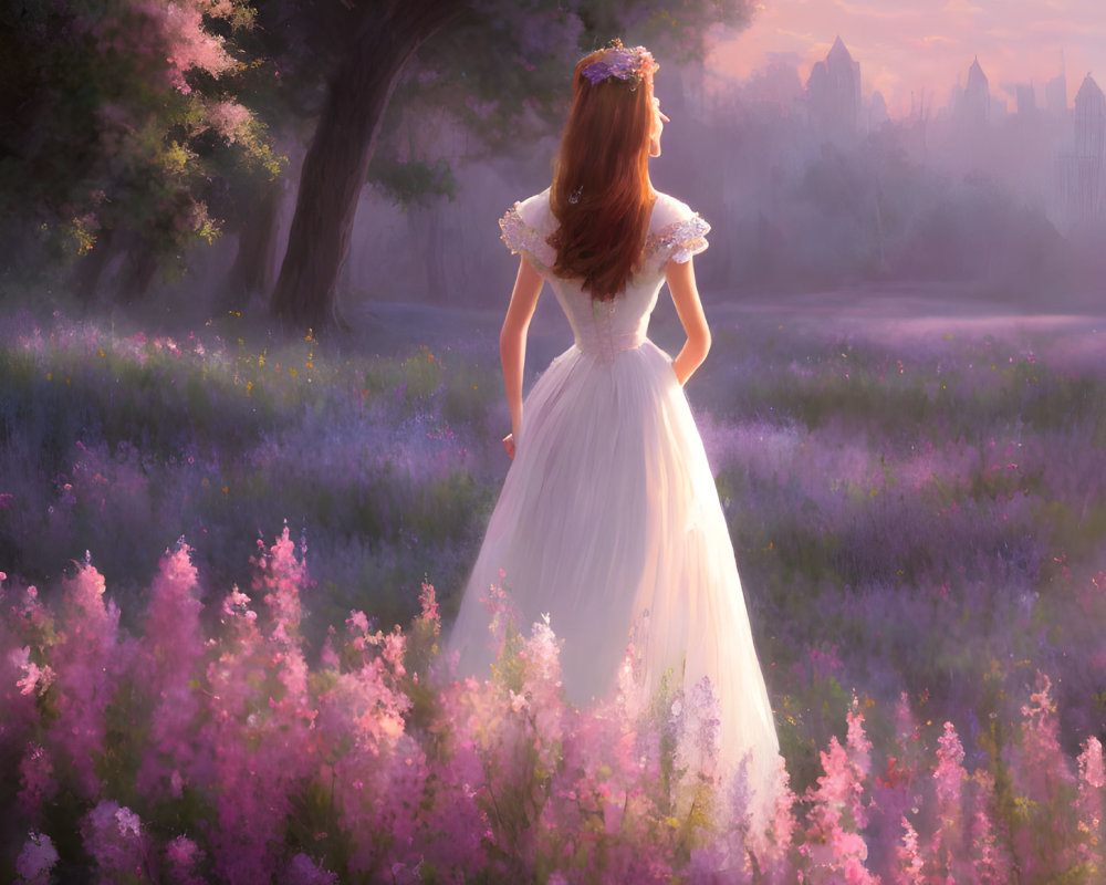 Woman in white dress in flower-filled meadow at sunrise with distant castle.