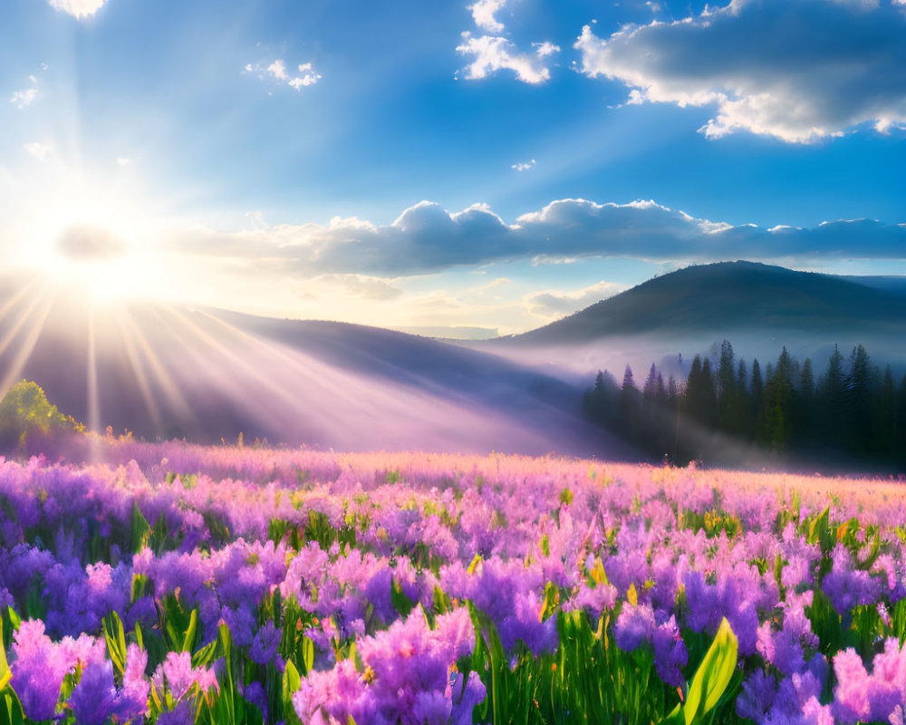 Purple Flower Field with Sun Rays and Mountains in Clear Blue Sky