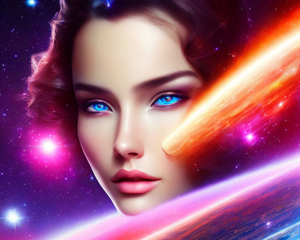 Woman's face with vibrant blue eyes on cosmic backdrop.