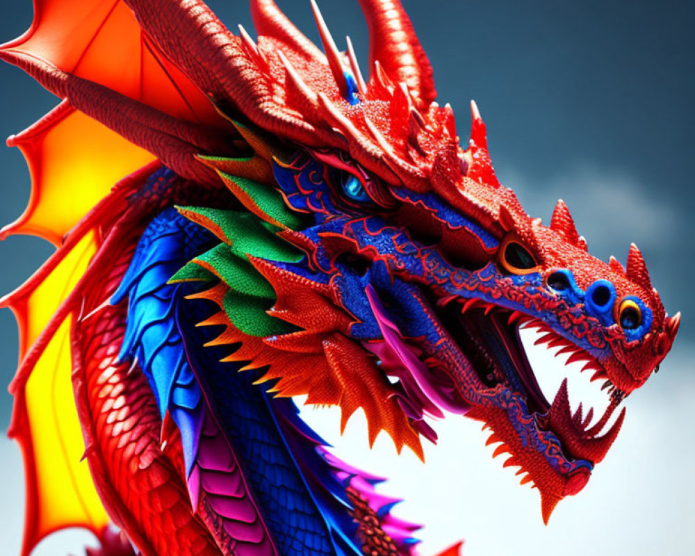 Multicolored dragon with intricate scales and multiple heads on blue backdrop