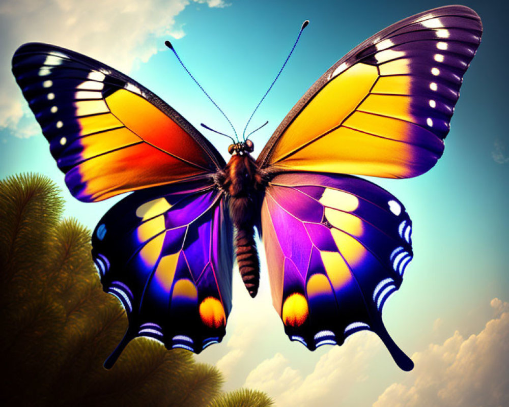 Vibrant yellow and purple butterfly against blue sky