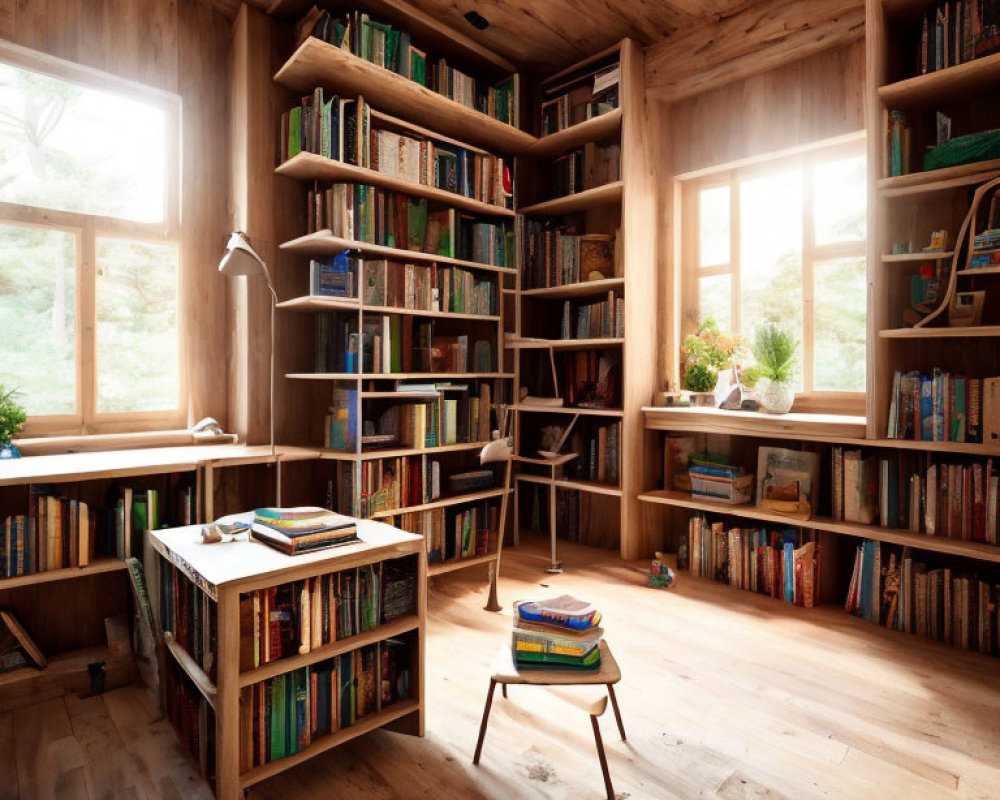 Warm Wooden Interior with Bookshelf, Desk, Chair, and Sunlit Window