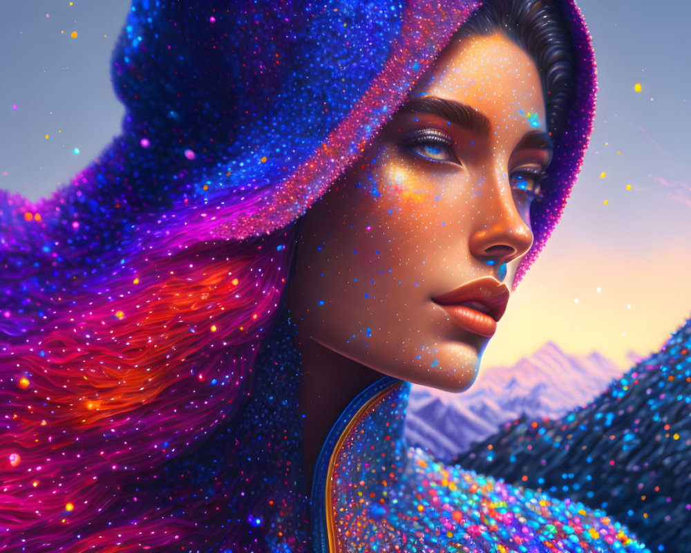 Colorful Woman in Star-like Cloak Against Mountainous Twilight Sky