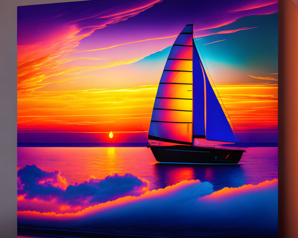 Sailboat canvas art with purple, orange, and blue sunset hues