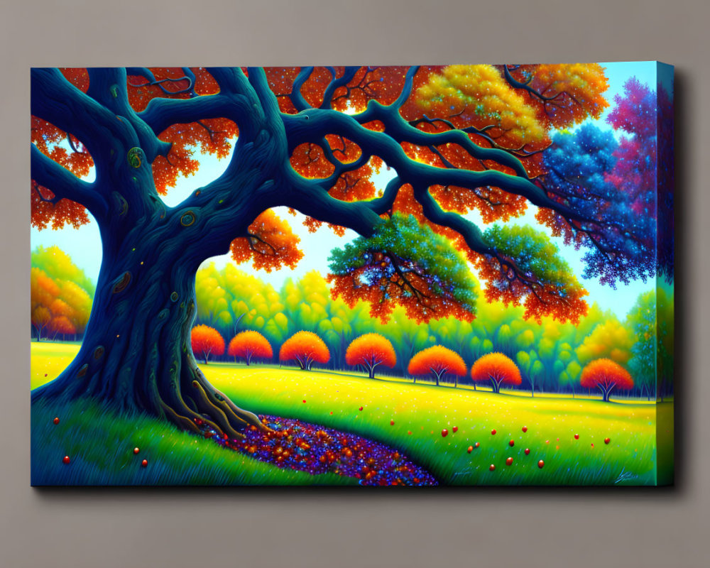 Colorful Autumn Foliage and Whimsical Tree Painting in Serene Meadow