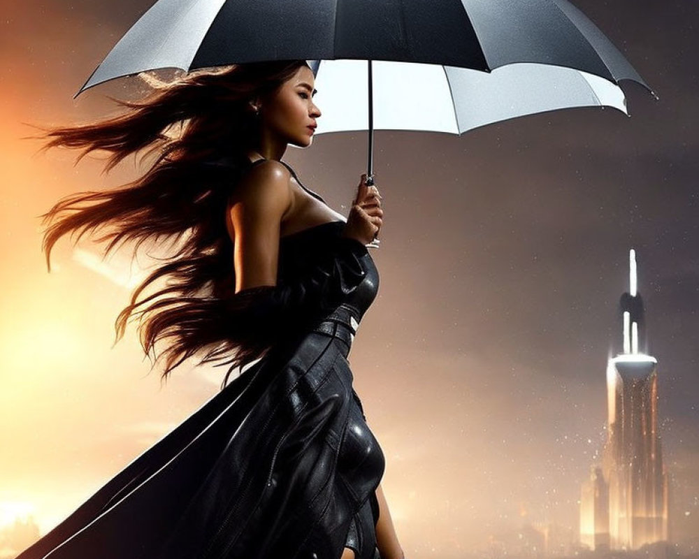 Woman in black dress with umbrella against cityscape and orange sky