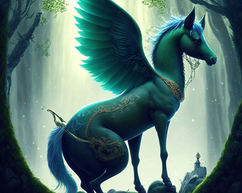 Majestic winged horse with shimmering blue coat in enchanted forest clearing