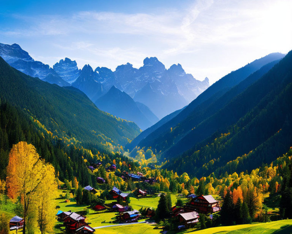 Scenic autumn village in lush valley with mountains under clear sky