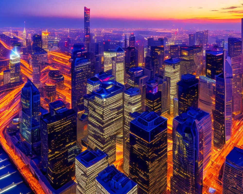 City skyline at dusk with illuminated skyscrapers and vibrant sunset colors.