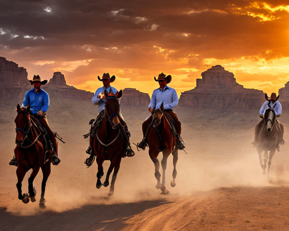 Cowboys riding horses at sunset with dramatic sky and dusty trail.