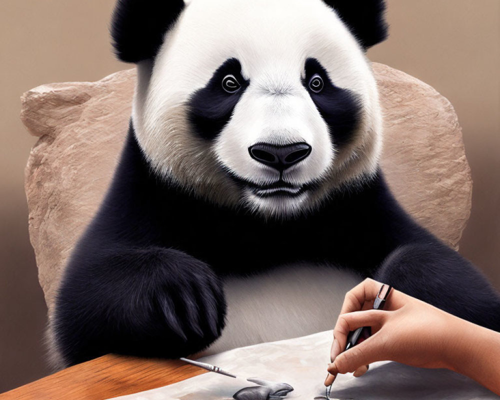 Photorealistic panda illustration with hand drawing aspect