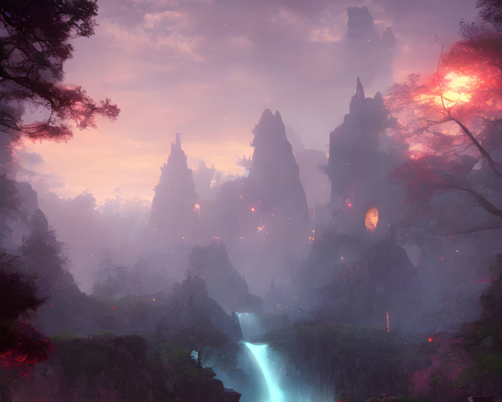 Mystical landscape with towering rocks, glowing waterfall, twin suns