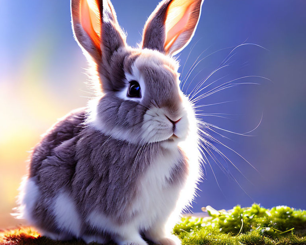 Fluffy Rabbit with Prominent Ears on Moss Against Blue Background