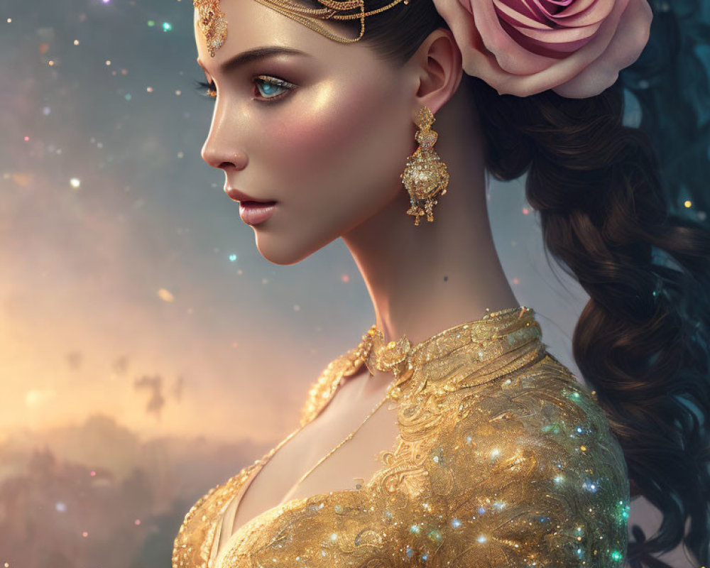 Digital artwork of woman in ornate dress with golden headpiece and earring against dreamy sky backdrop