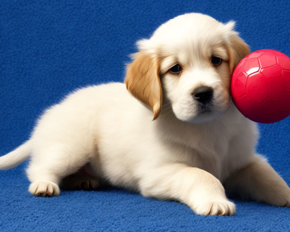 White Puppy with Floppy Ears on Blue Carpet Playing with Red Ball