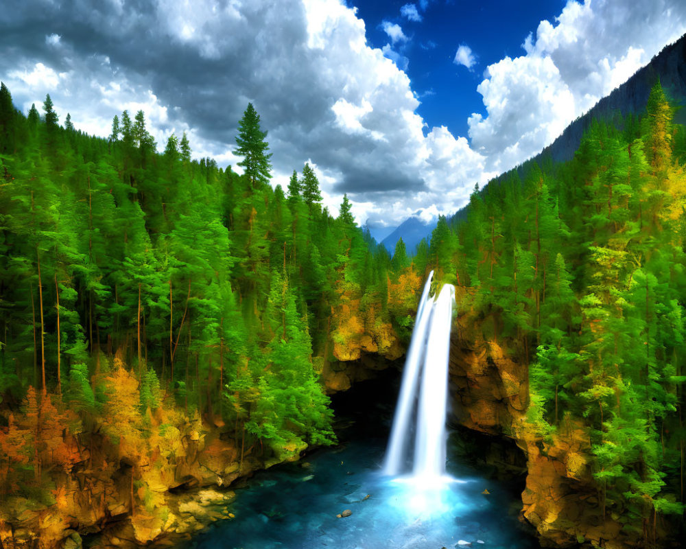 Serene forest waterfall under dramatic sky