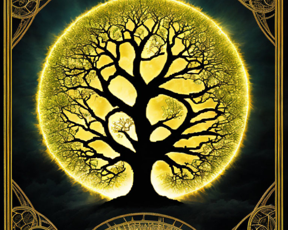 Golden tree silhouette in luminous yellow circle with art nouveau borders on black background