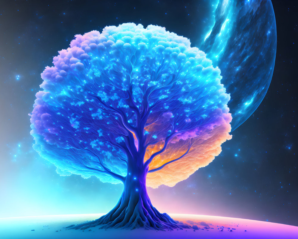 Colorful Tree Artwork Against Cosmic Background with Swirling Planet