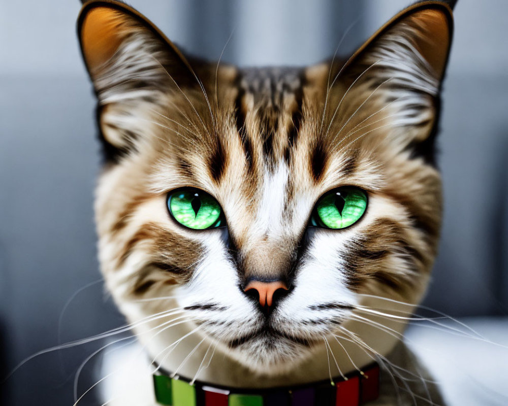 Close-up of cat with striking green eyes and multicolored collar against brown-striped fur