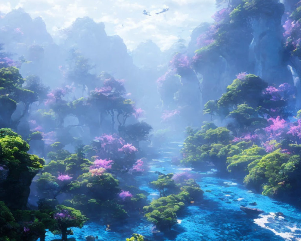 Mystical forest with blue river, pink trees, and rock formations