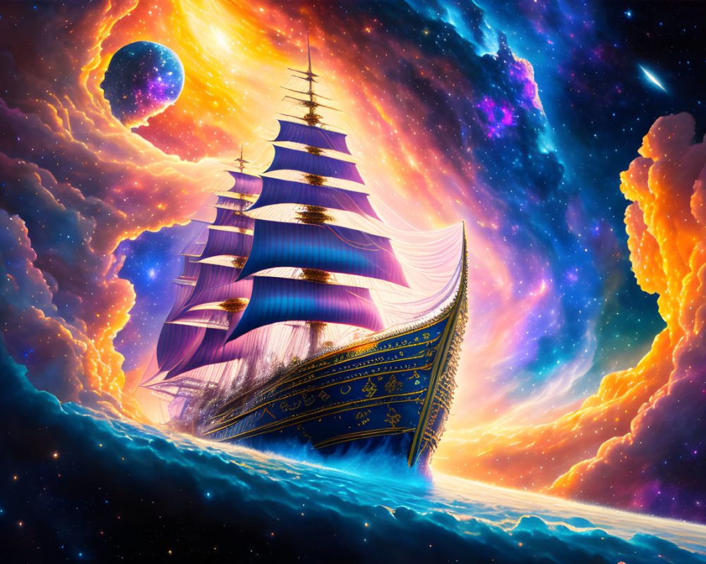 Majestic sailing ship with blue and purple sails in cosmic ocean