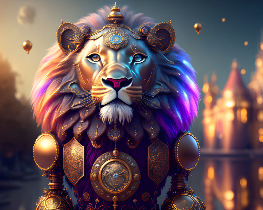 Colorful Mane Lion in Golden Armor with Mechanical Elements