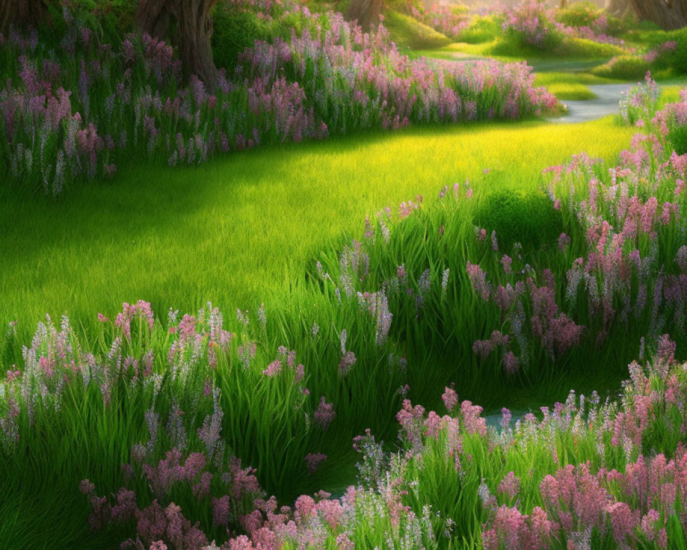 Lush forest scene with sunlight, meadow, wildflowers, and stream