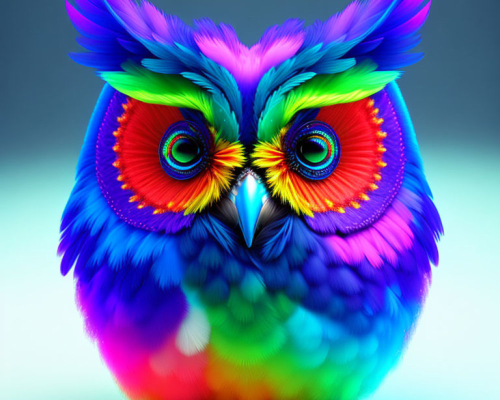 Colorful Owl Art with Rainbow Eyes in Blue, Green, Purple & Red