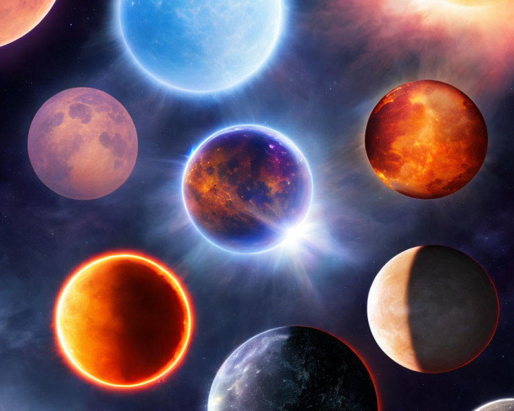 Colorful planets in vibrant cosmic scene against starry backdrop