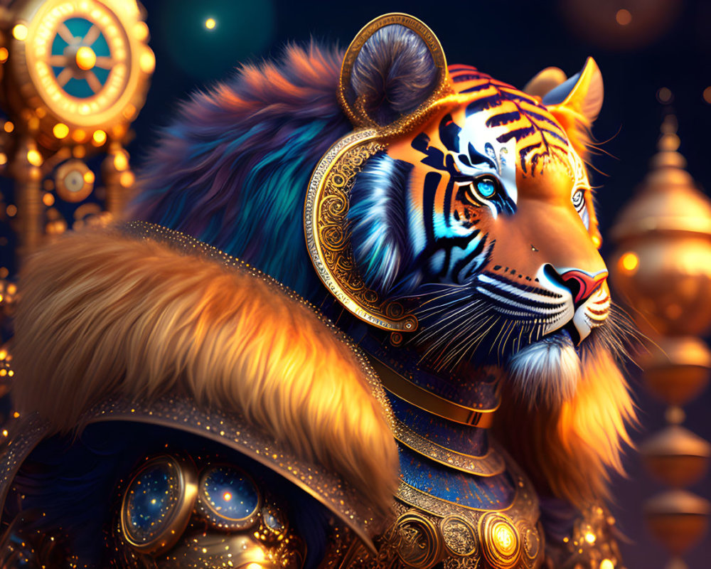 Stylized tiger in golden armor among mechanical gears