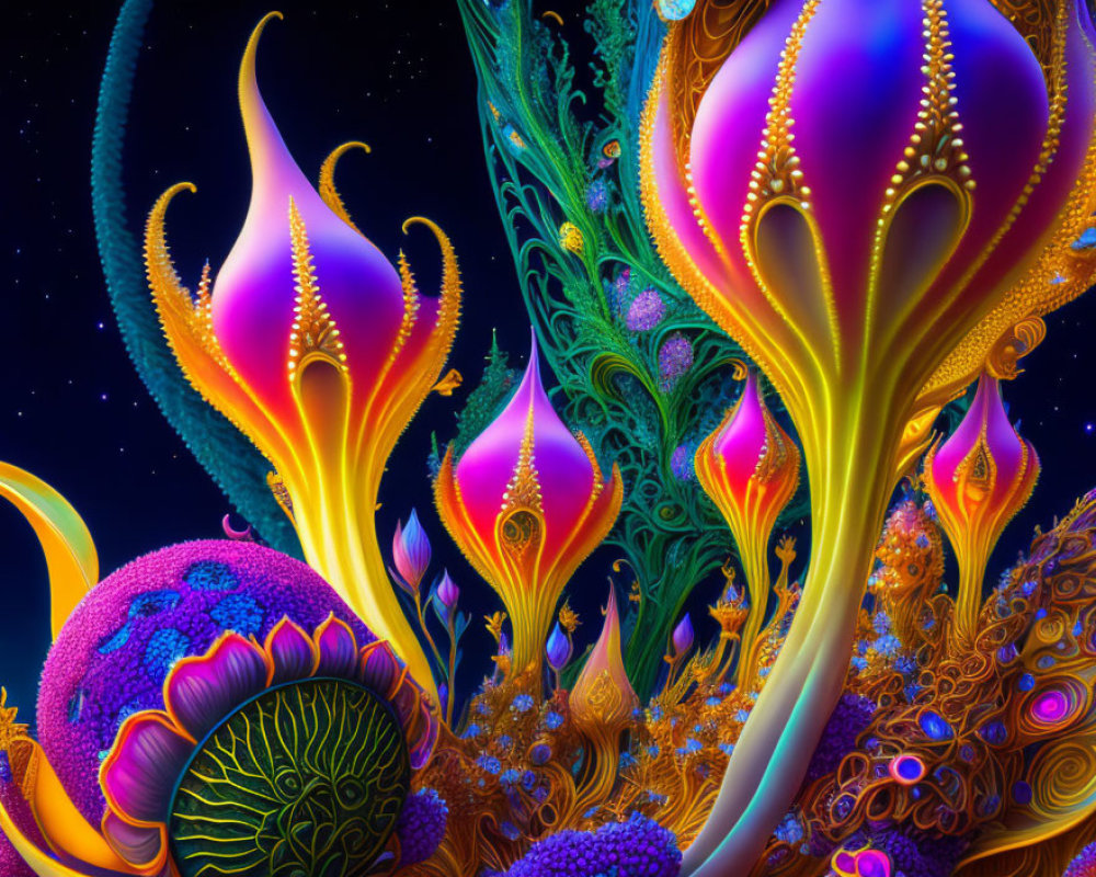 Colorful Psychedelic Digital Art: Alien Landscape with Glowing Flora