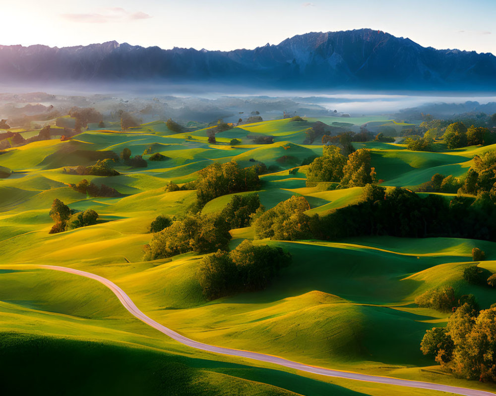 Sunrise over green hills, winding road, mountains, and clear blue sky